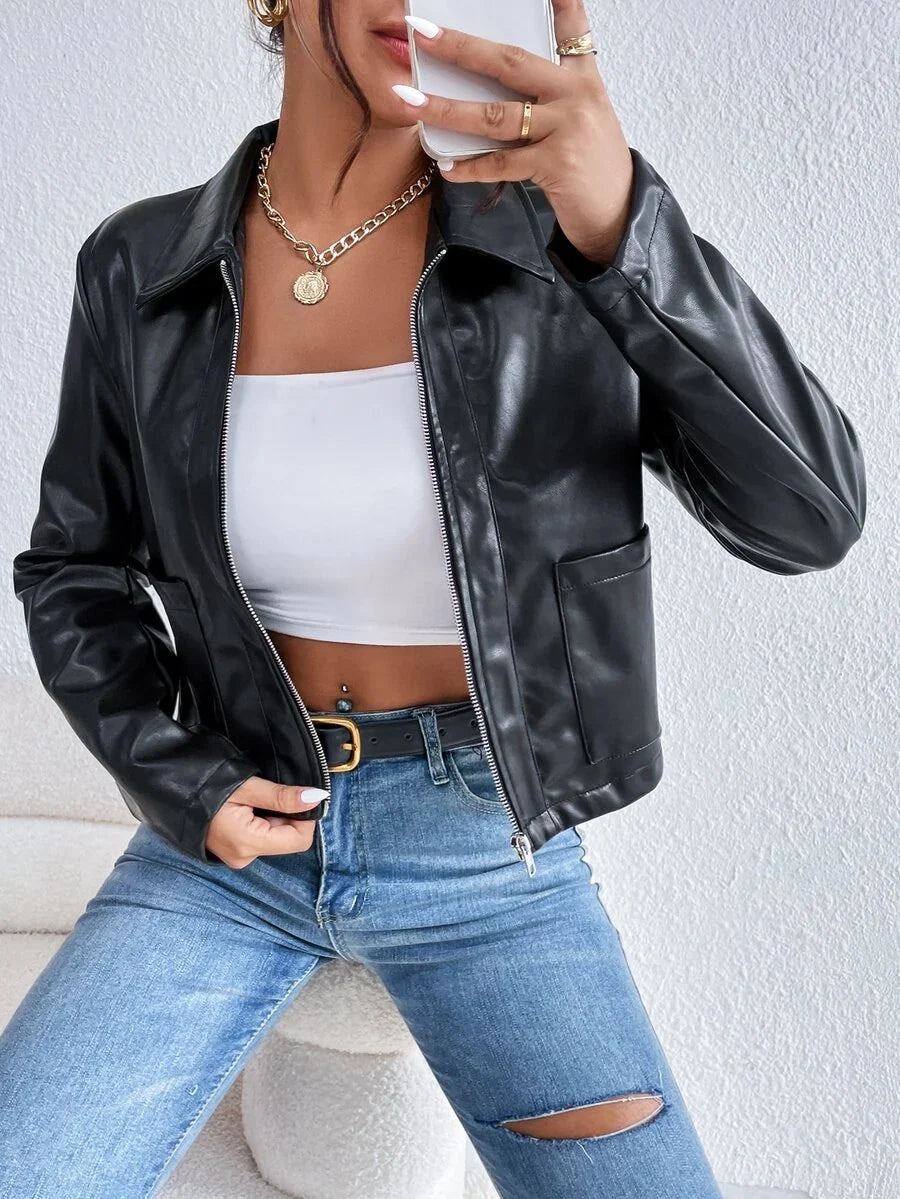 Black Cropped Leather Jacket with Collar and Chest Pocket