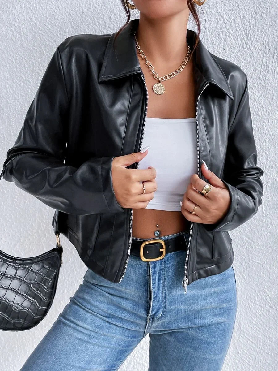 Black Cropped Leather Jacket with Collar and Chest Pocket
