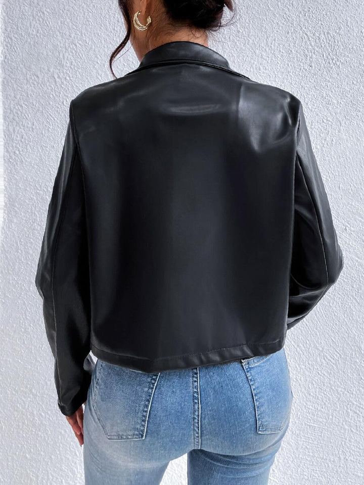 Black Cropped Leather Jacket with Collar and Chest Pocket