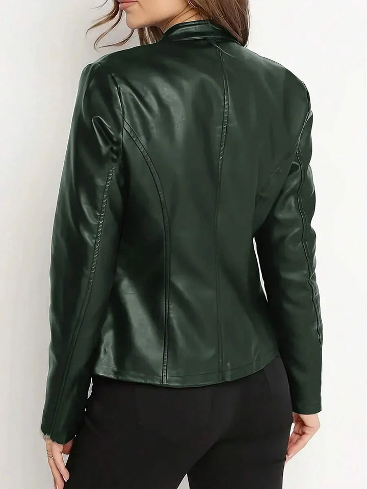 Fitted Leather Biker Jacket with Stand Collar and Panel Seams