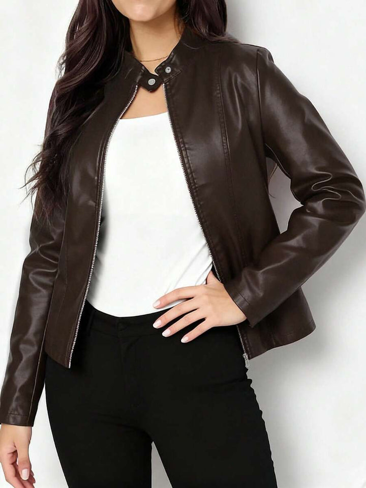 Fitted Leather Biker Jacket with Stand Collar and Panel Seams