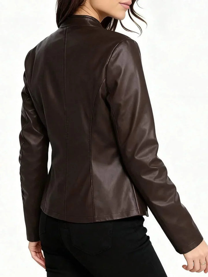 Fitted Leather Biker Jacket with Stand Collar and Panel Seams