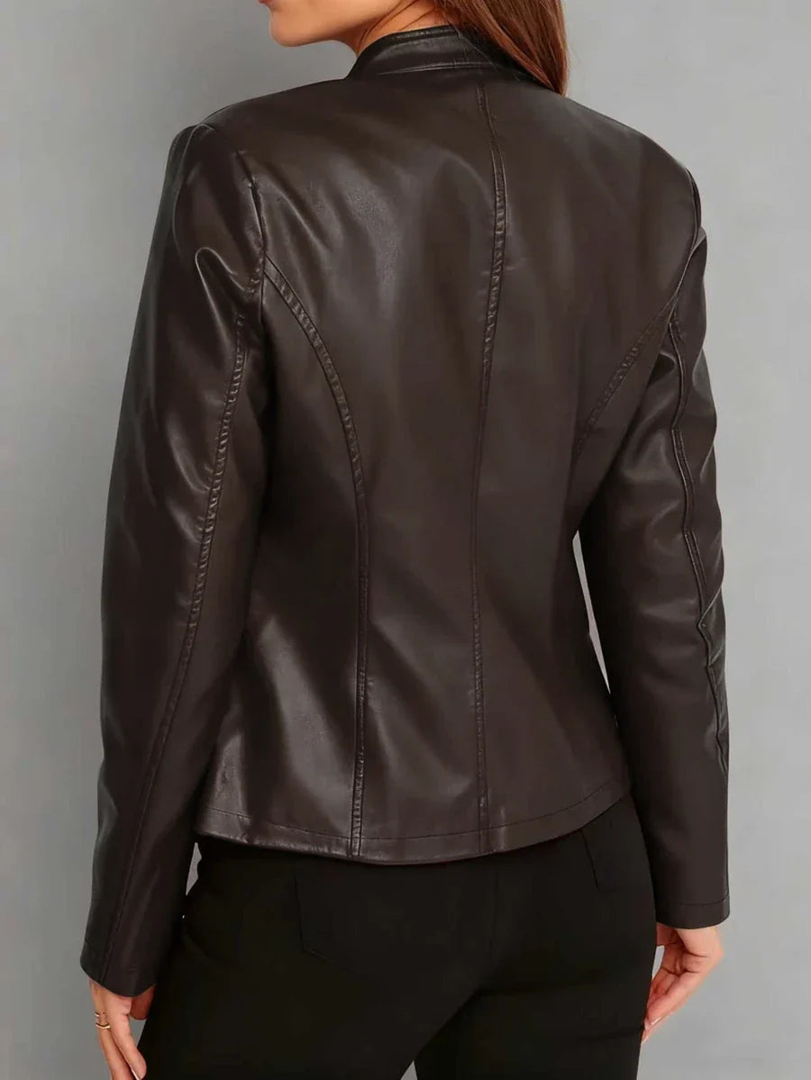 Fitted Leather Biker Jacket with Stand Collar and Panel Seams