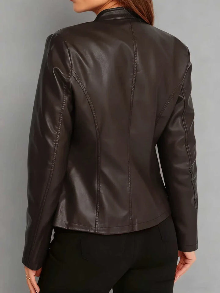 Fitted Leather Biker Jacket with Stand Collar and Panel Seams