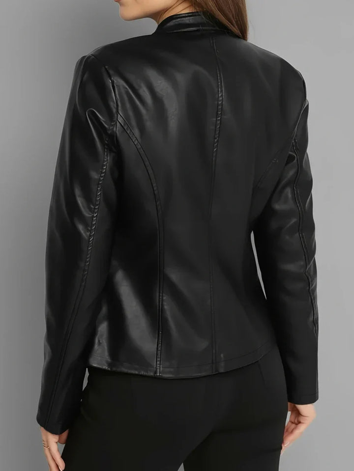 Fitted Leather Biker Jacket with Stand Collar and Panel Seams