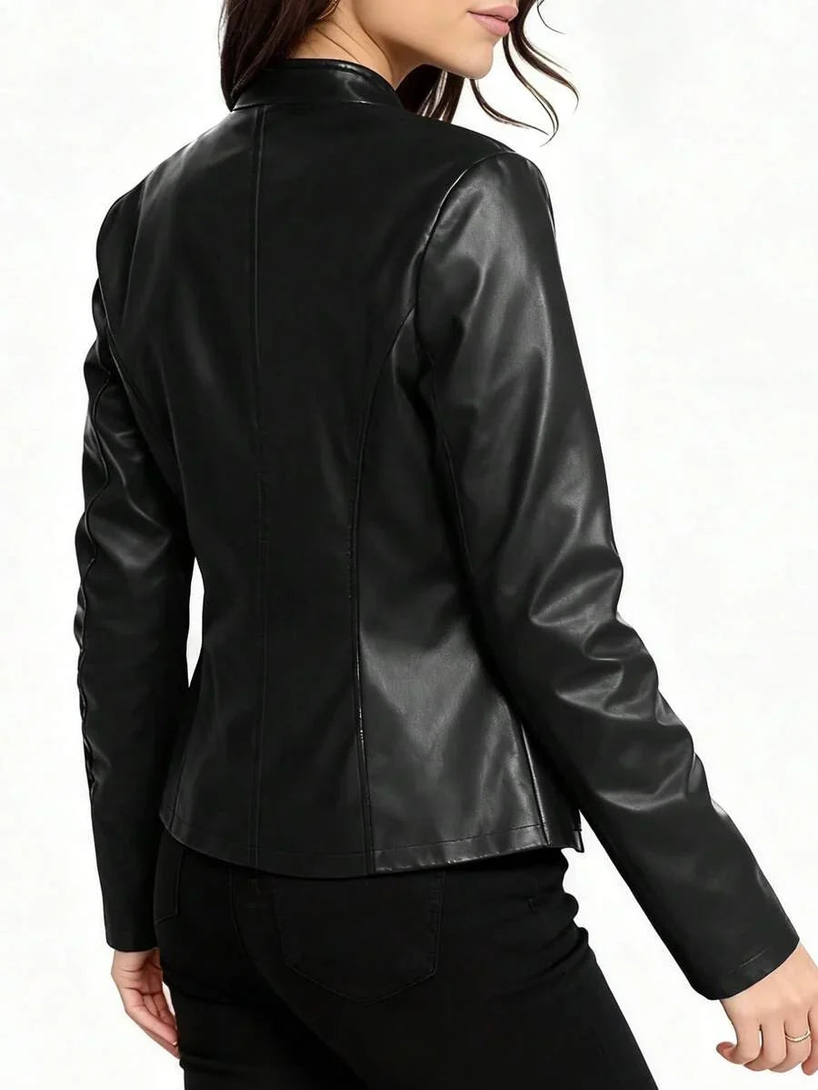 Fitted Leather Biker Jacket with Stand Collar and Panel Seams