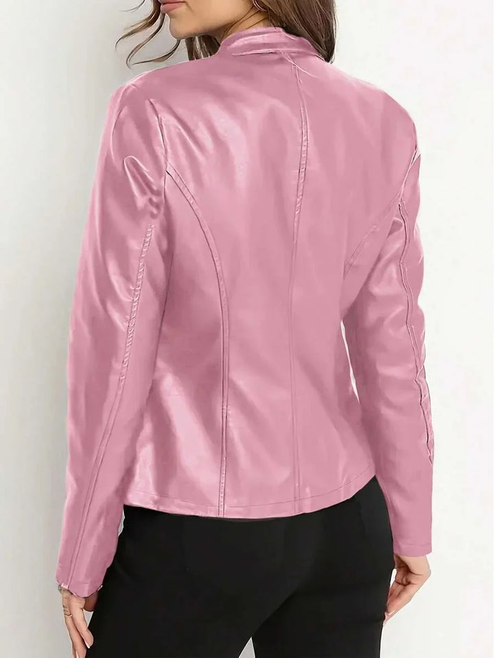 Fitted Leather Biker Jacket with Stand Collar and Panel Seams