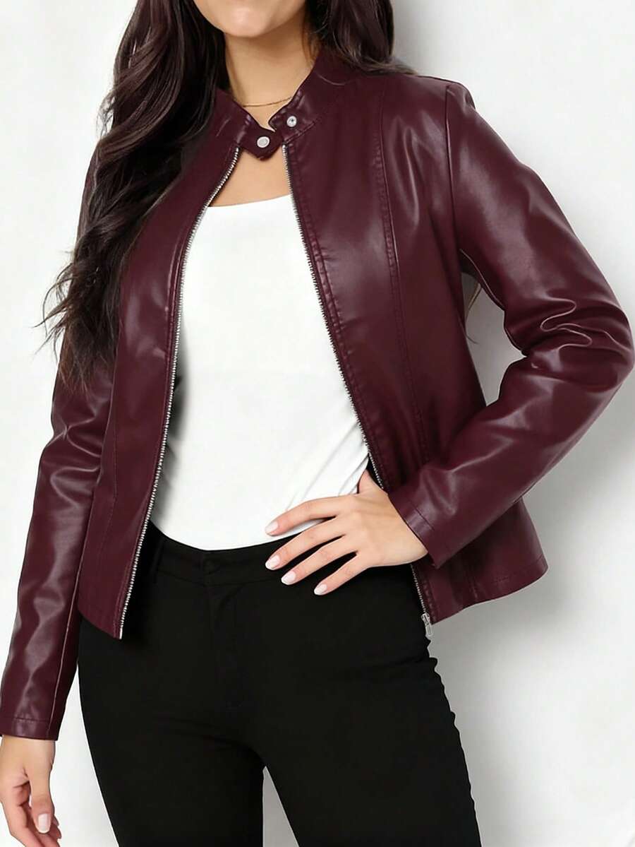 Fitted Leather Biker Jacket with Stand Collar and Panel Seams