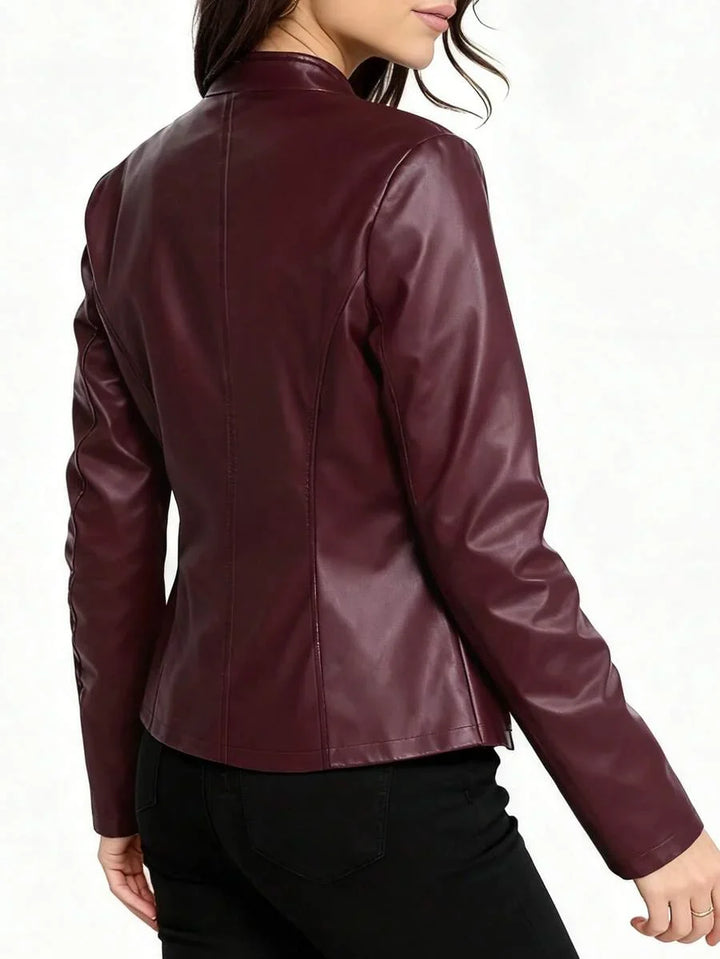 Fitted Leather Biker Jacket with Stand Collar and Panel Seams