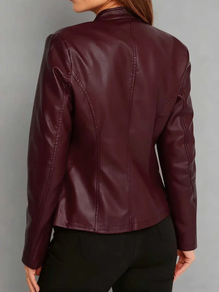 Fitted Leather Biker Jacket with Stand Collar and Panel Seams