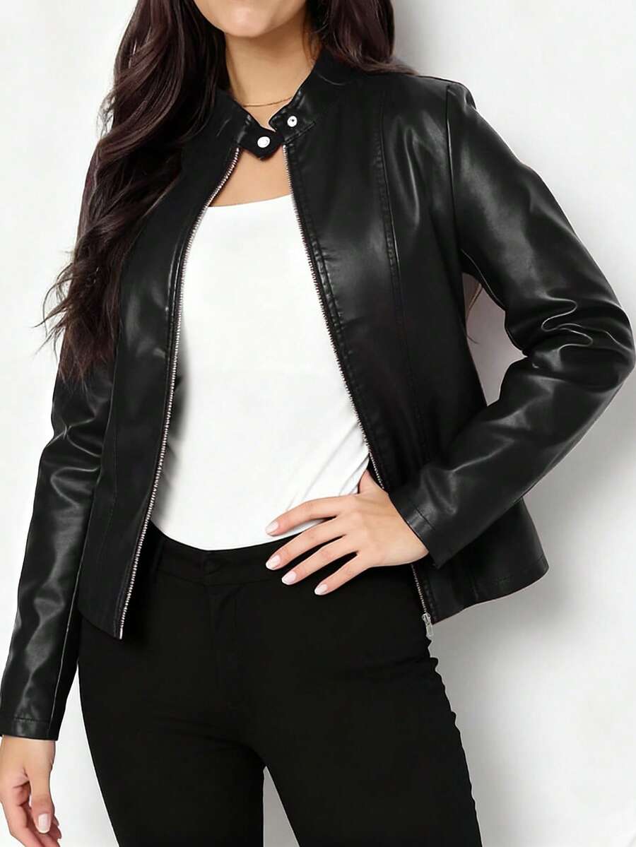 Fitted Leather Biker Jacket with Stand Collar and Panel Seams