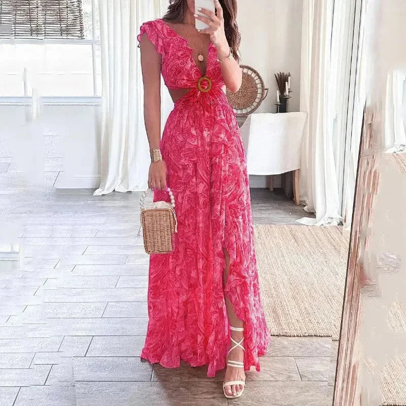Robe longue florale en coton, manches courtes, col en V, avec découpes sur les côtés, parfaite pour l&