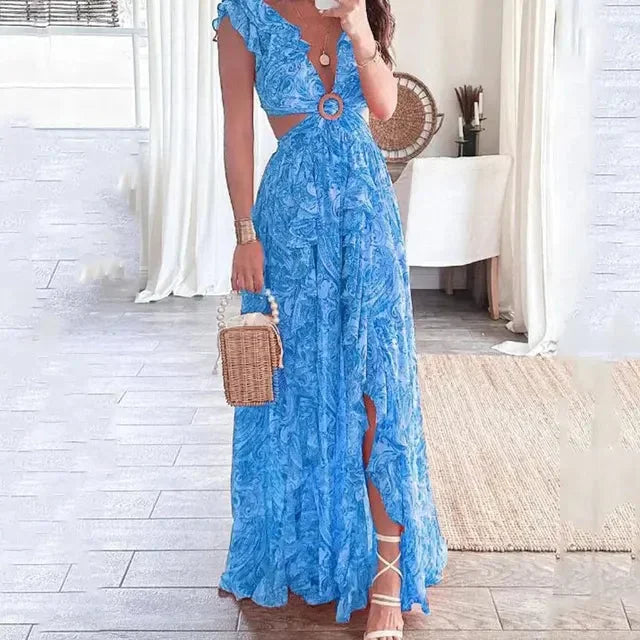 Robe longue florale à manches courtes, col en V, découpes élégantes, en tissu léger idéal pour l&