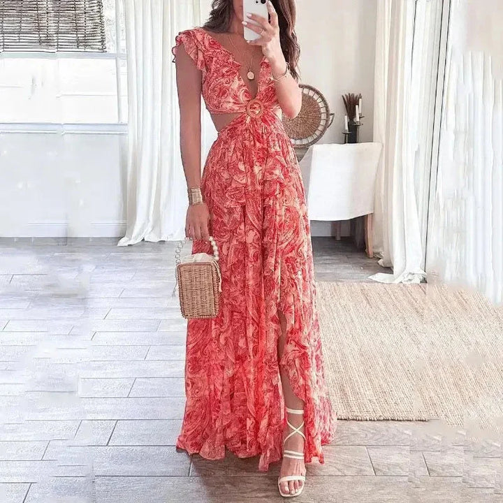 Robe longue florale à manches courtes, col en V, découpes latérales, en coton léger, idéale pour l&