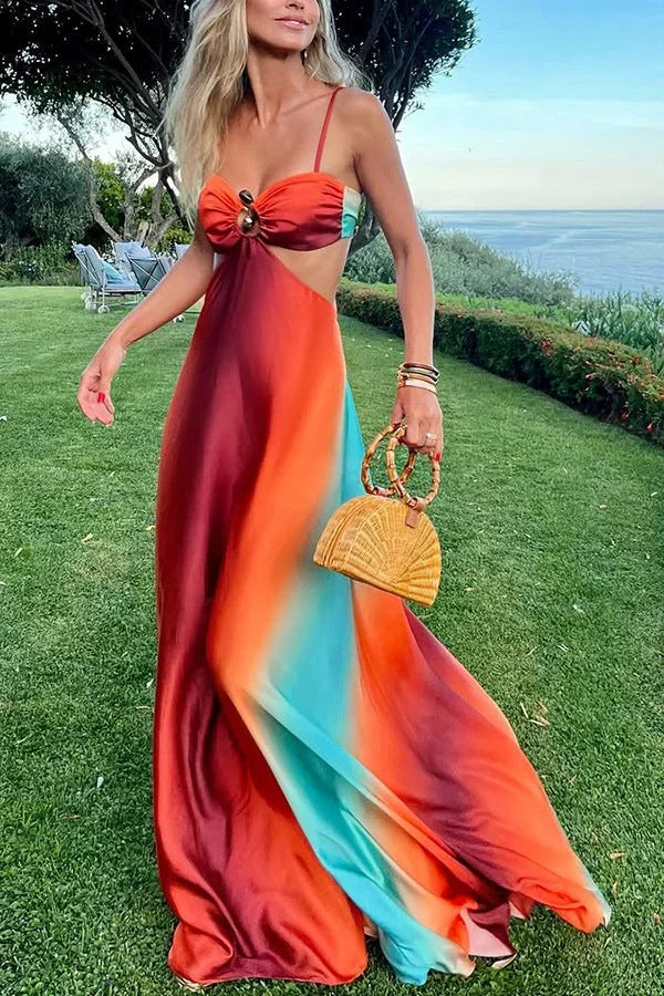 Robe longue en tissu léger dégradé rouge turquoise, avec découpe moderne et bretelles fines, idéale pour les soirées d&