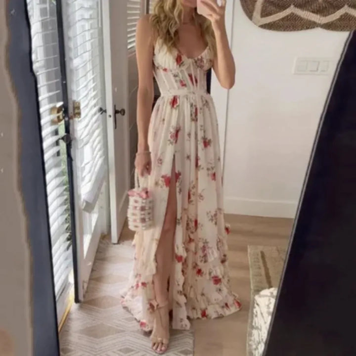 Cream floral spaghetti strap maxi dress with corset bodice and thigh slit