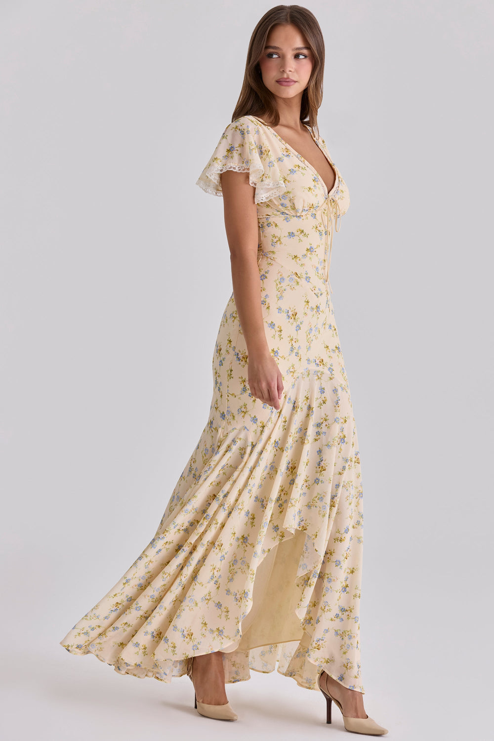 Front view of a women's summer floral V neck maxi dress with tie waist and ruffled hem