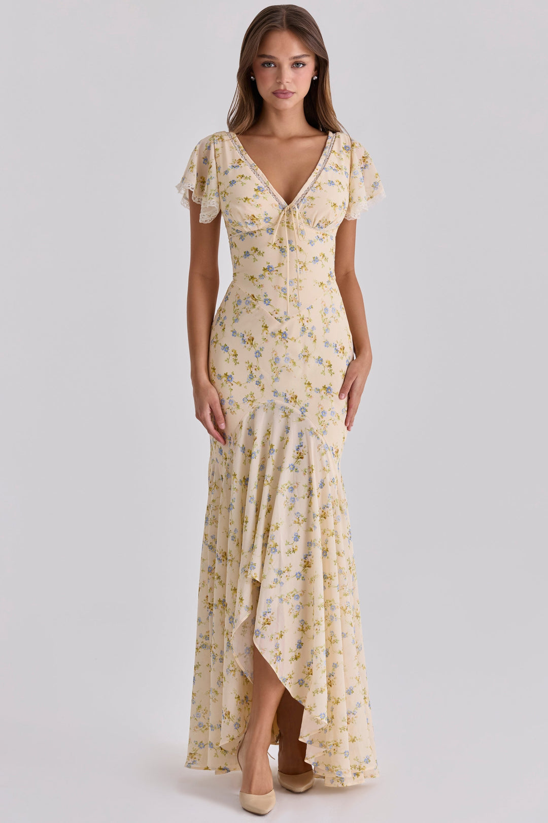 Women's floral V neck maxi dress with flutter sleeves and lace trim in soft beige