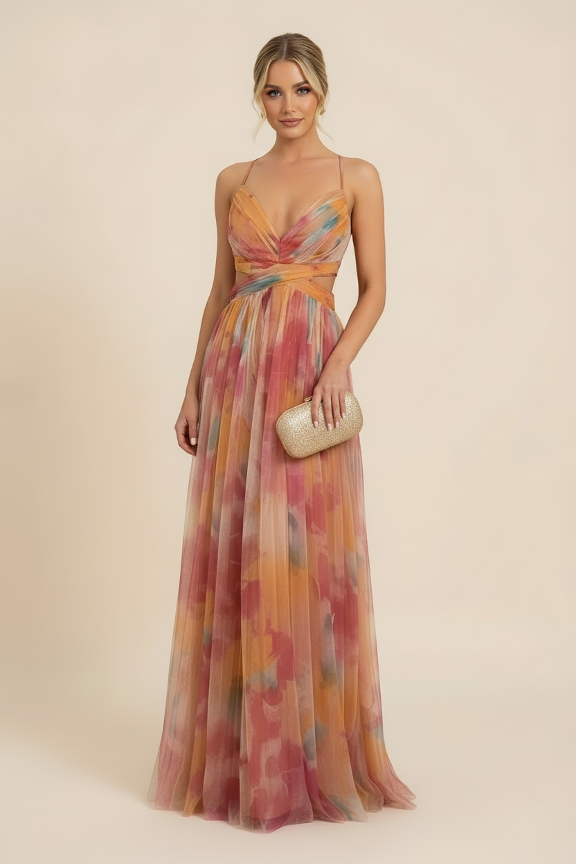 Spaghetti strap watercolor floral maxi sundress with empire waist in warm tones