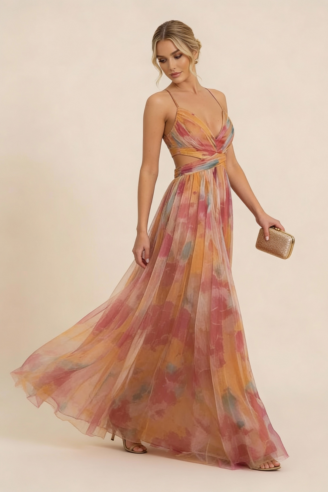 Side view of watercolor floral maxi dress with flowing pleated skirt and wrap top