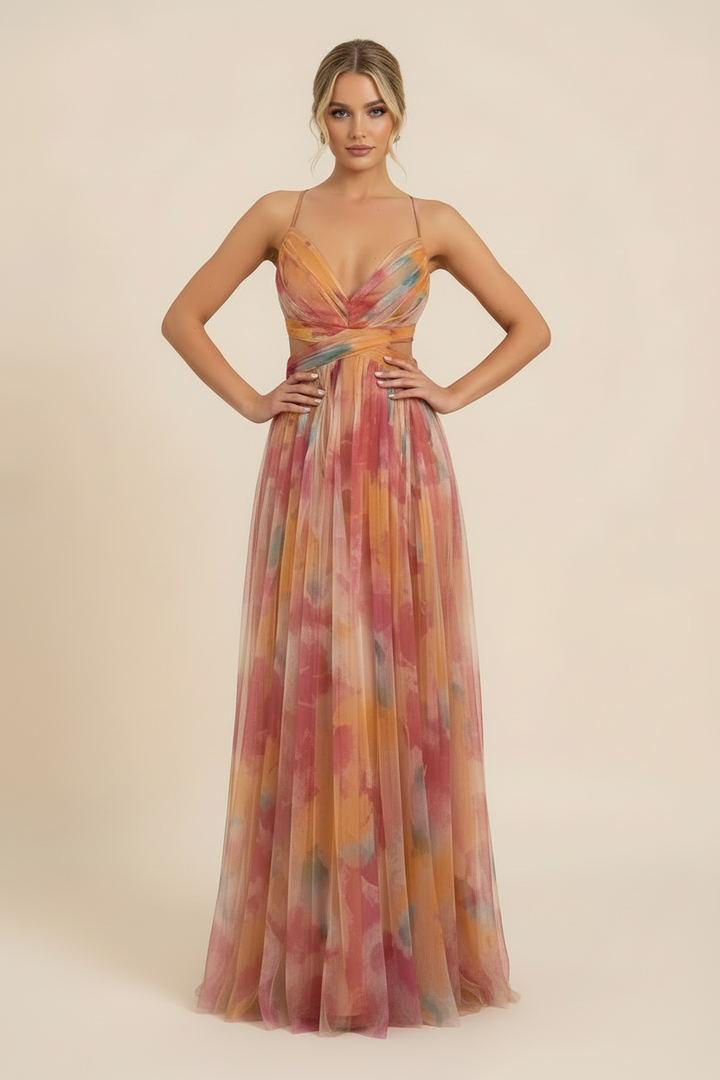 Front view watercolor floral maxi dress with V-neckline and cinched waist band