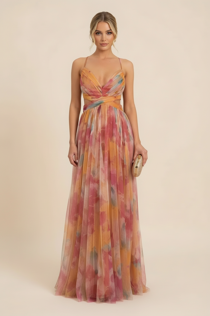 Watercolor floral maxi dress with wrap bodice and pleated skirt in pink, orange, and blue