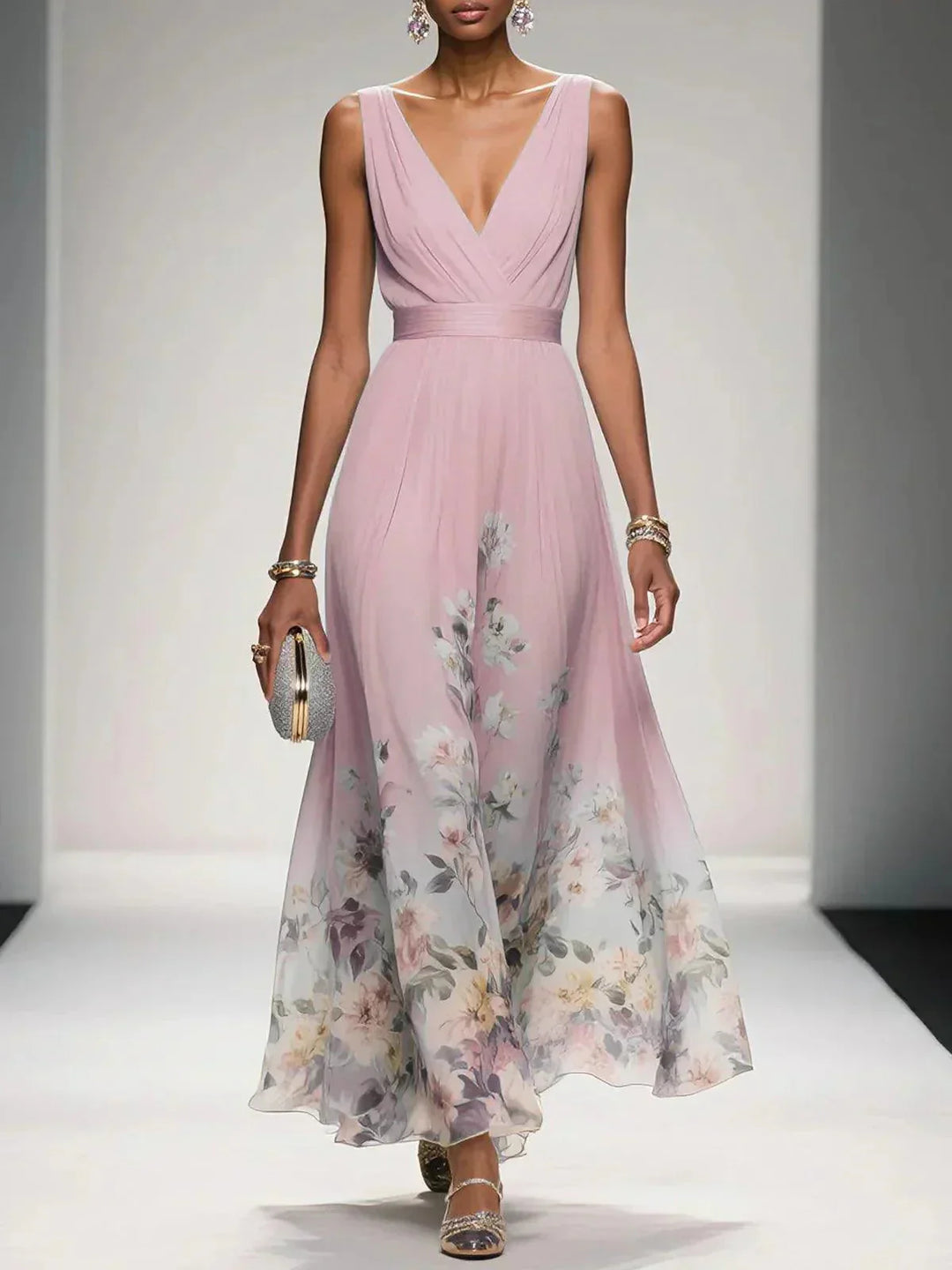 Pink floral print v-neck sleeveless maxi dress featuring a cinched waist and a full skirt with large floral patterns.