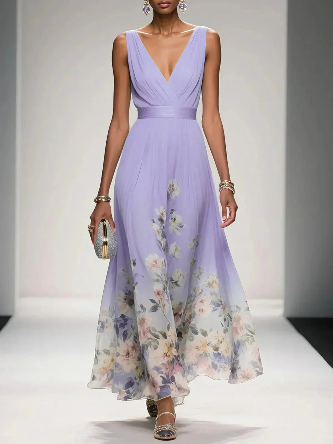 Lavender floral print v-neck sleeveless maxi dress with a delicate floral design along the hem, paired with a clutch.