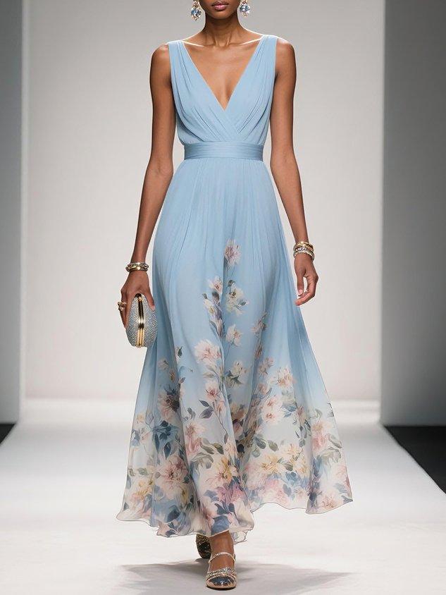 Full view of the light blue floral print v-neck sleeveless maxi dress, showcasing its elegant drape and soft floral design.