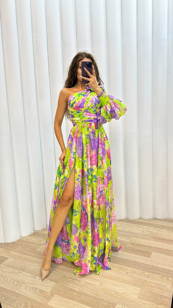 One shoulder puff sleeve maxi dress with vibrant floral print and high slit