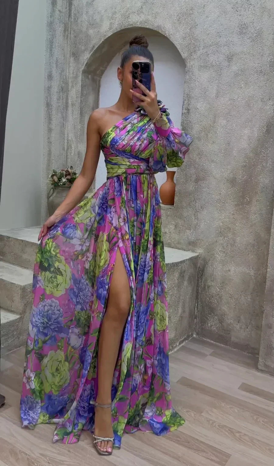 Floral one shoulder maxi dress with puff sleeve in purple, pink, and lime green