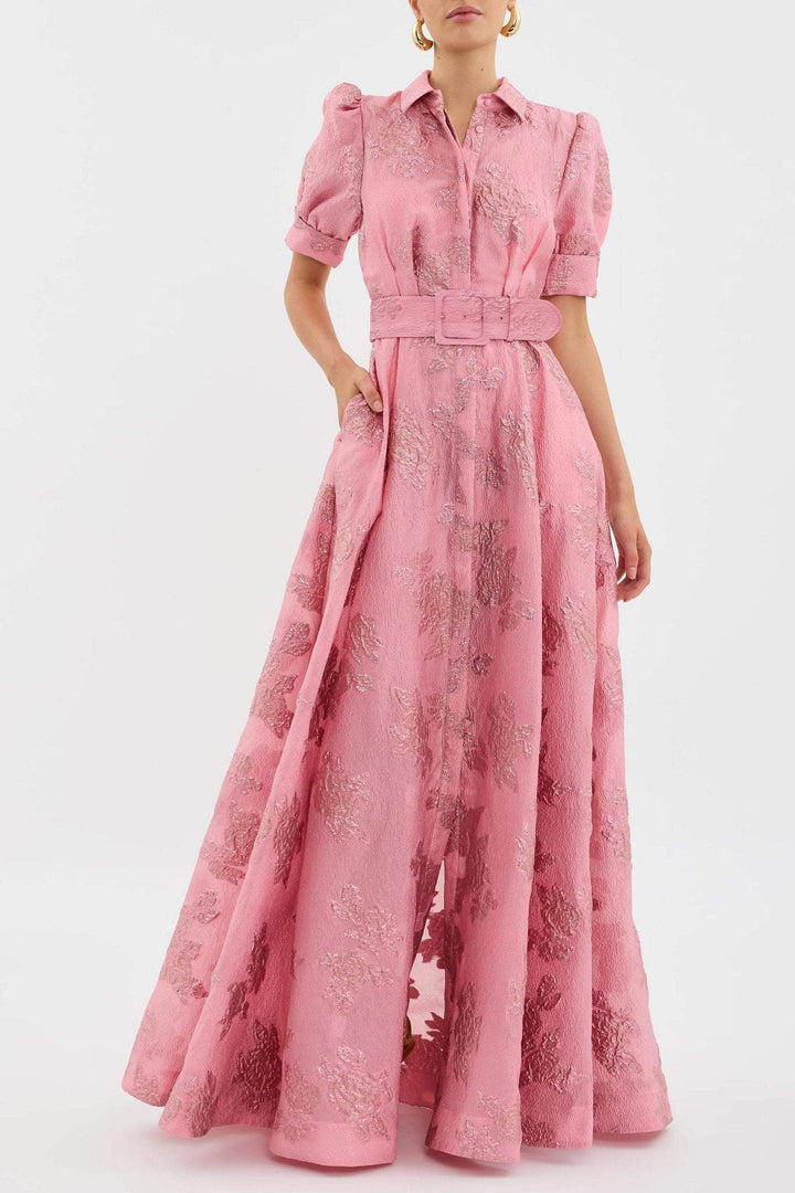 Front view of pink floral maxi dress with short sleeves and fitted belted waist