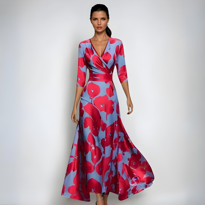 Floral V neck maxi dress with three quarter sleeves in pink and blue print