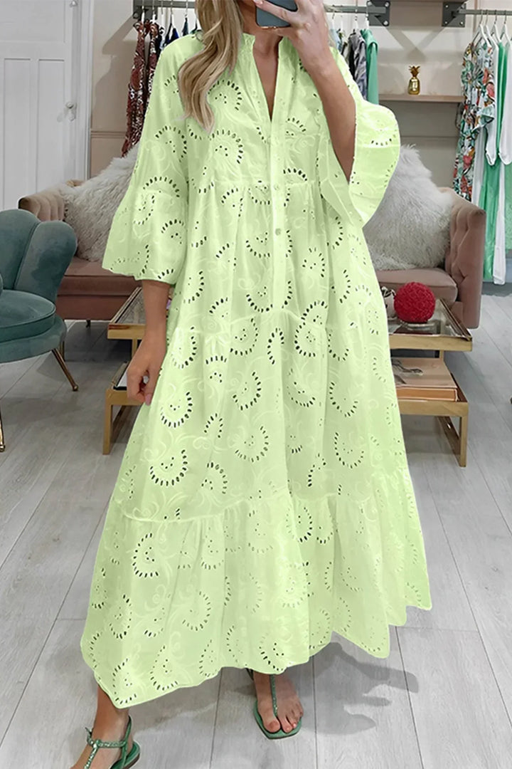 Robe longue en dentelle ajourée, respirante, manches 3/4, col en V, idéale pour l&