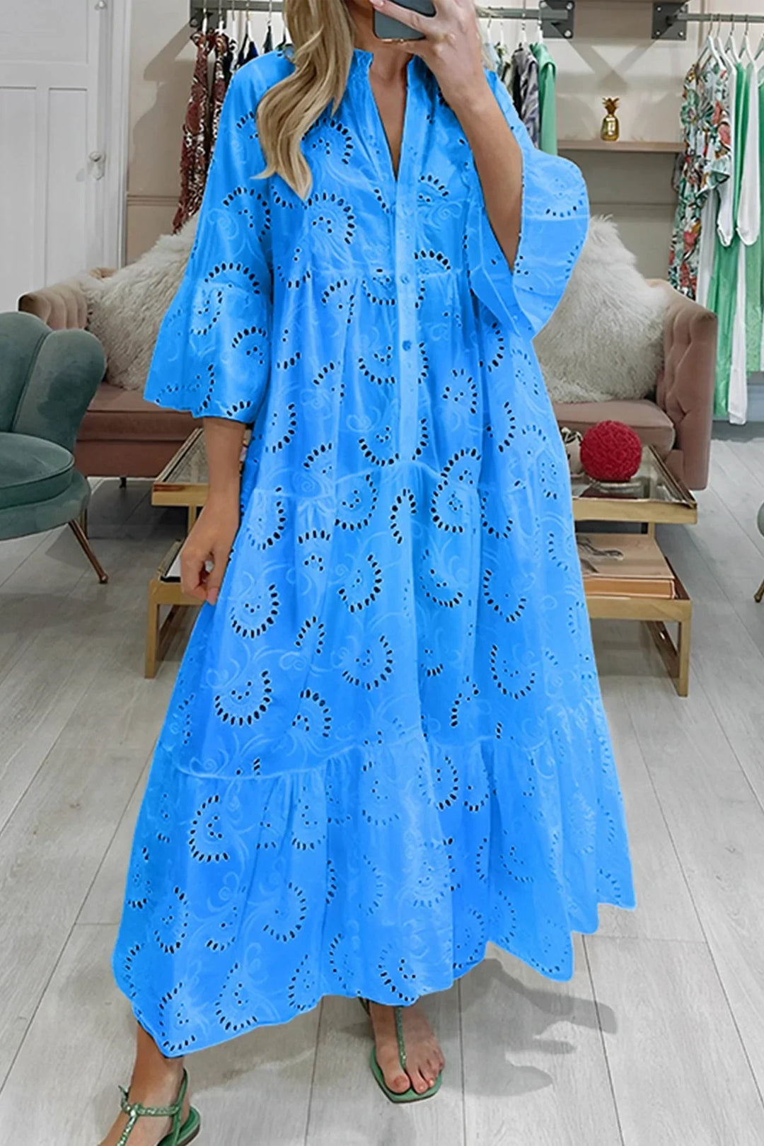 Robe longue en dentelle ajourée, respirante, avec manches 3/4 et col en V, idéale pour les journées d&