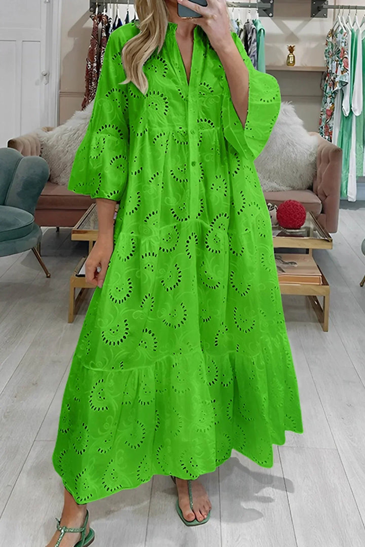 Robe longue en dentelle ajourée, respirante, manches 3/4 et col en V, idéale pour les chaudes journées d&