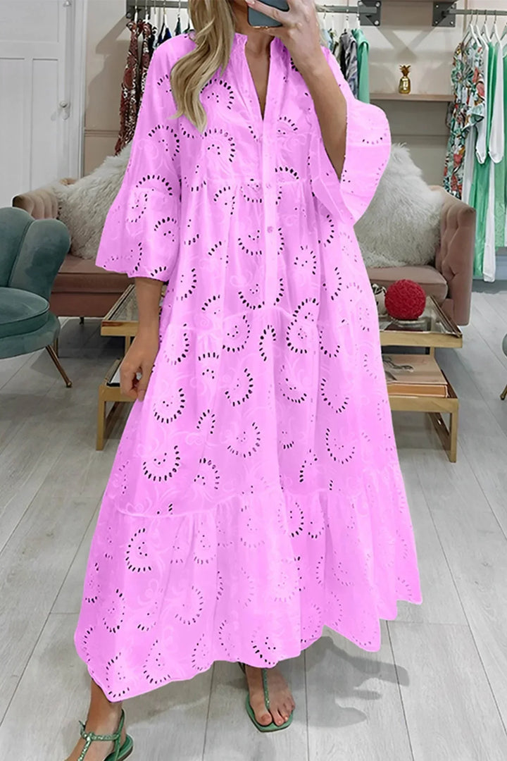 Robe longue en dentelle ajourée, manches 3/4, col en V, idéale pour l&