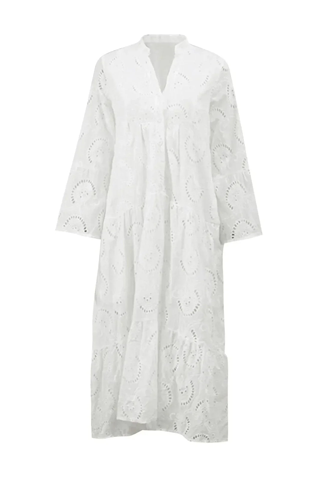 Robe longue en dentelle ajourée, légère, manches 3/4 et col en V, idéale pour les journées d&