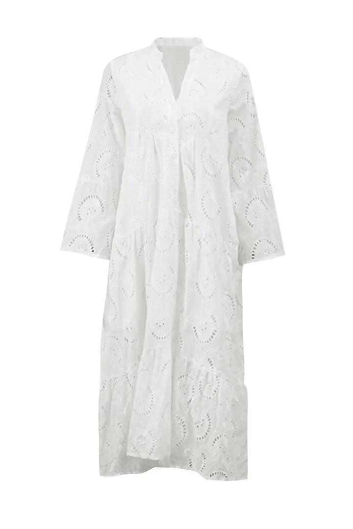Robe longue en dentelle ajourée, légère, manches 3/4 et col en V, idéale pour les journées d&