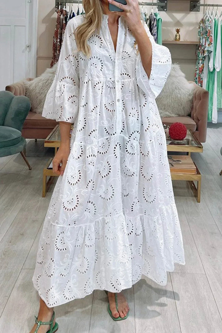 Robe longue en dentelle ajourée, respirante, avec manches 3/4 et col en V, parfaite pour les journées d&