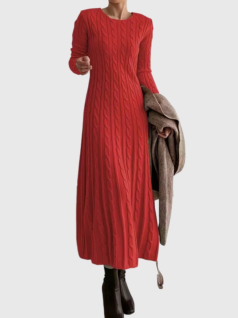 Damen Maxikleid mit Zopfmuster und langen Ärmeln - Aprikose