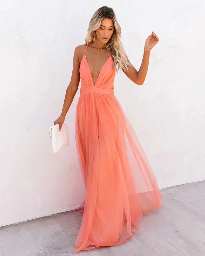 Robe longue fluide orange à dos nu, bretelles fines, idéale pour soirées d&