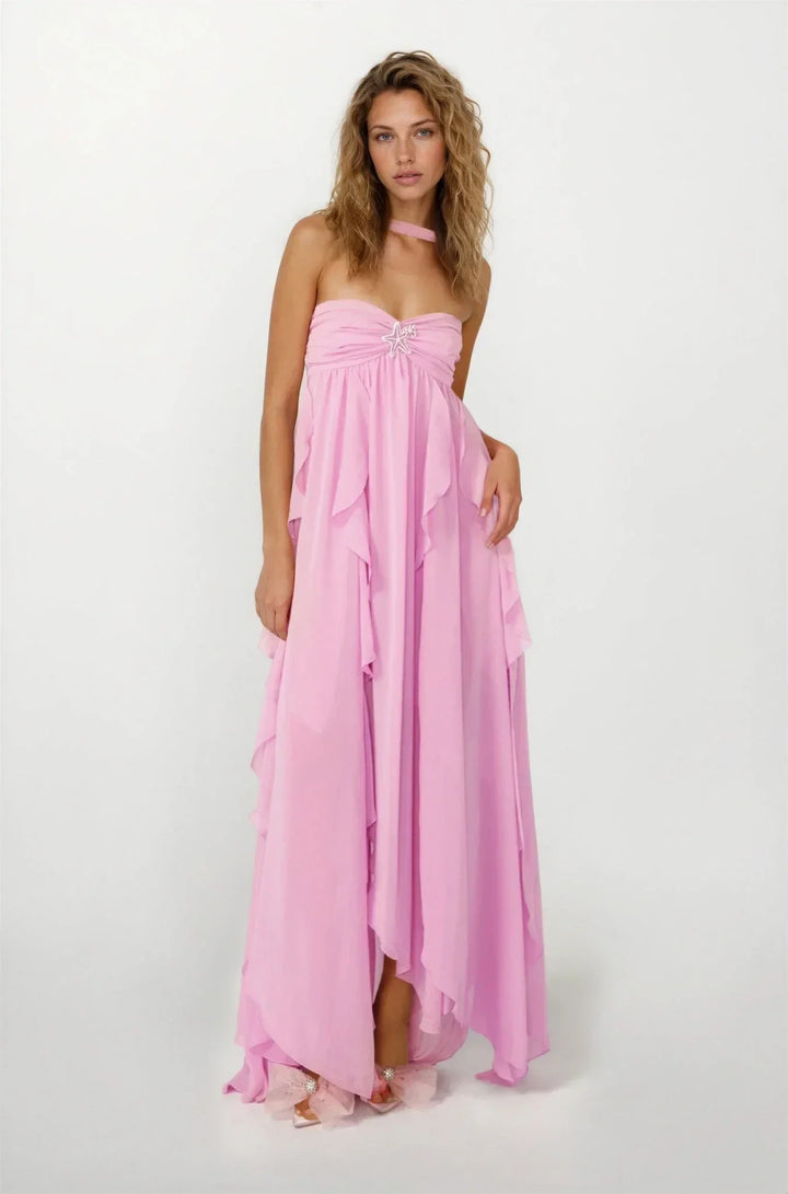 Robe longue femme rose volantée en chiffon léger, dotée de manches fluides et d&