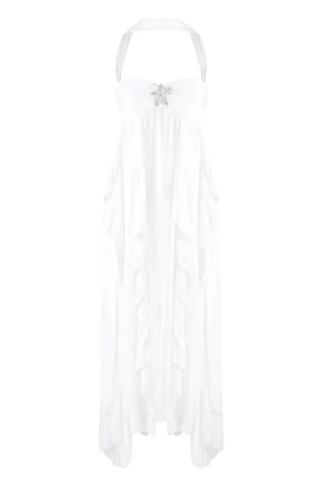 Robe longue femme rose volantée en chiffon léger, dotée de manches évasées et d&
