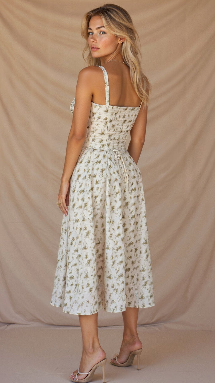 Back of cream floral midi dress with green leaf print, featuring a tie-back detail and elegant silhouette.