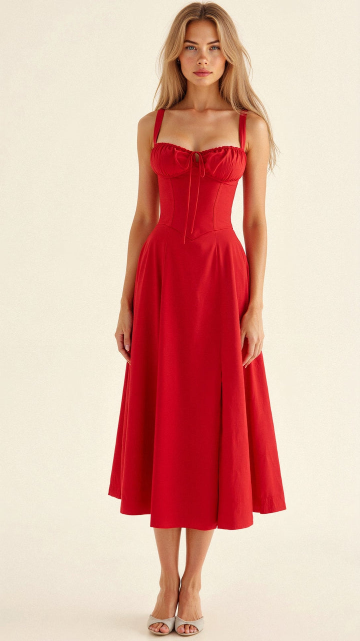 Front view of a red summer midi dress with a corset bodice and side split detail.