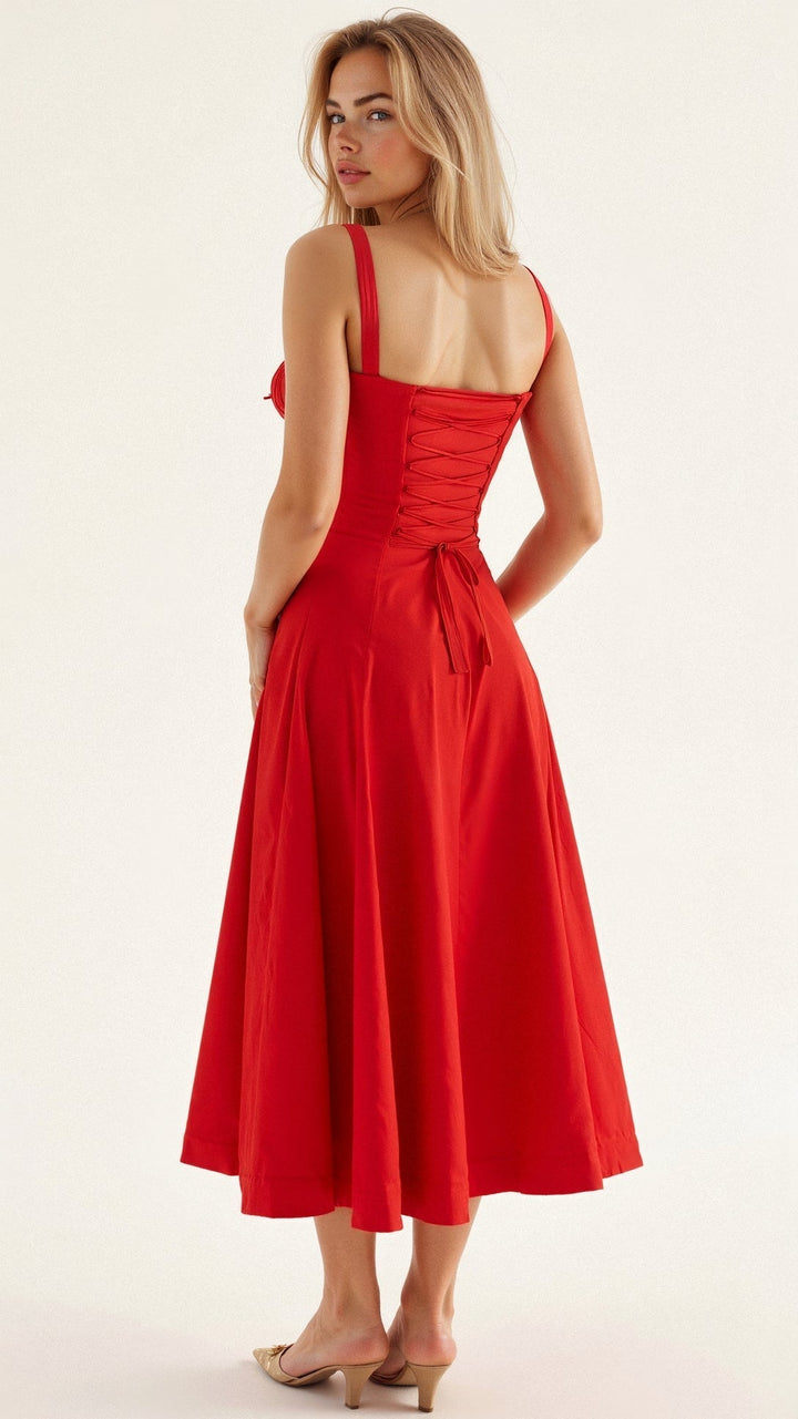 Back view of a red summer midi dress with lace-up corset detail and a flowing skirt.