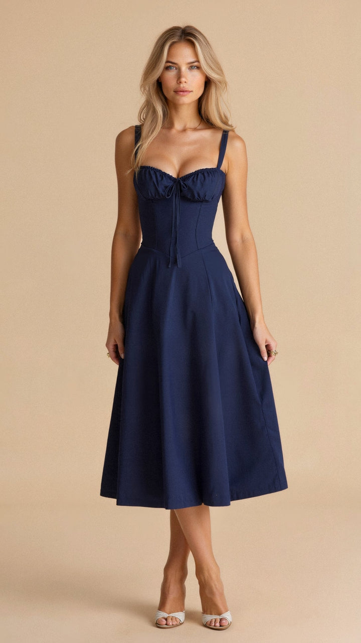 Front view of a navy blue summer midi dress with a corset bodice and adjustable straps.
