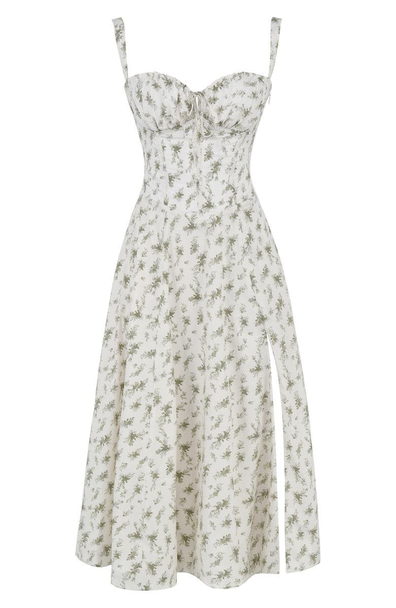 Flat lay of a white floral midi dress with subtle green print, corset bodice, and high side split.