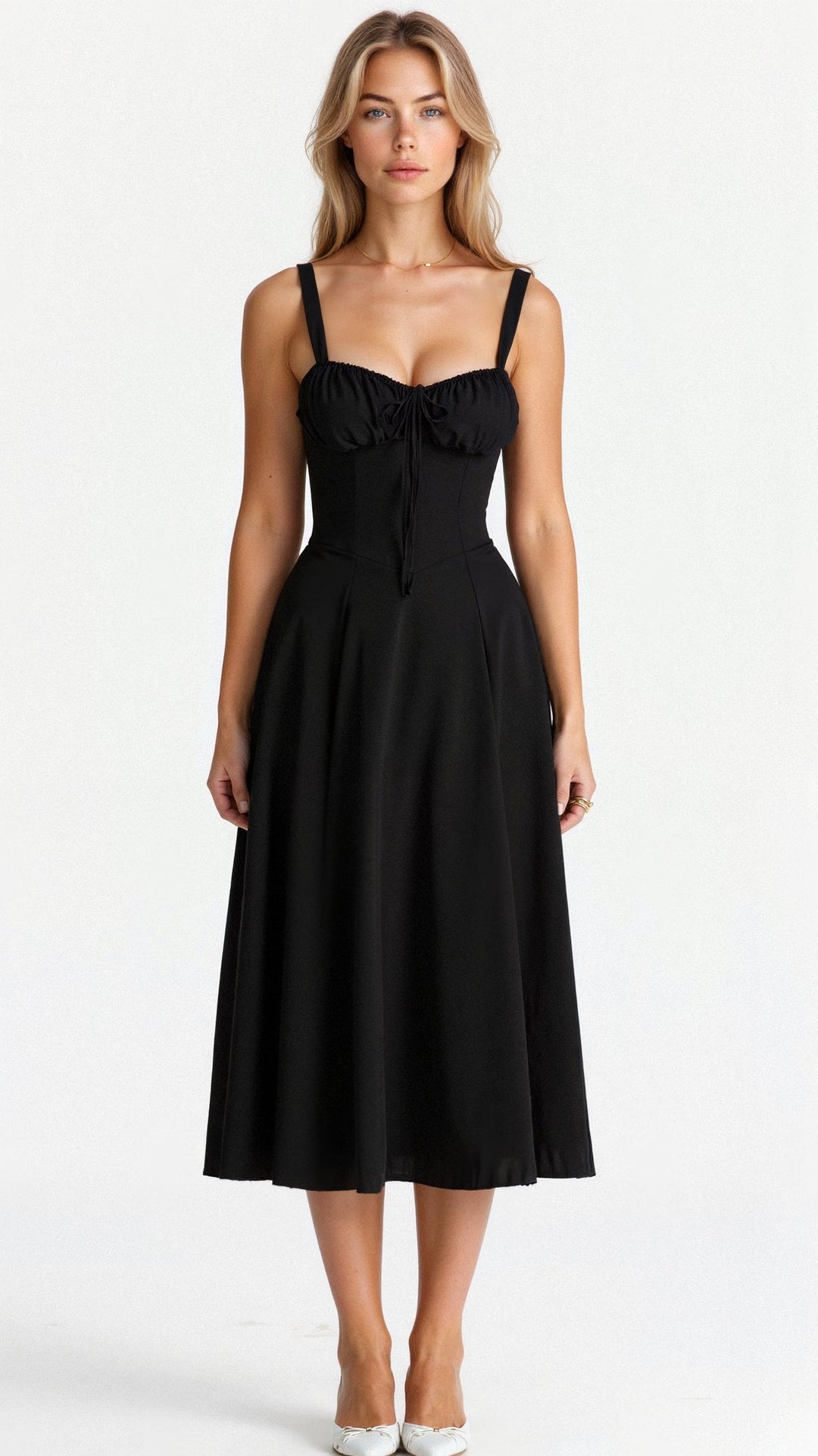 Sleek black corset midi dress with a sweetheart neckline, adjustable tie front, and flared skirt.